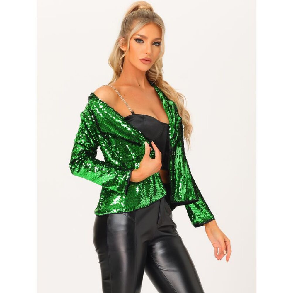 Sequin Jacket Lapel Blazer 1 Button Sparkle Party Green - Picture 4 of 6